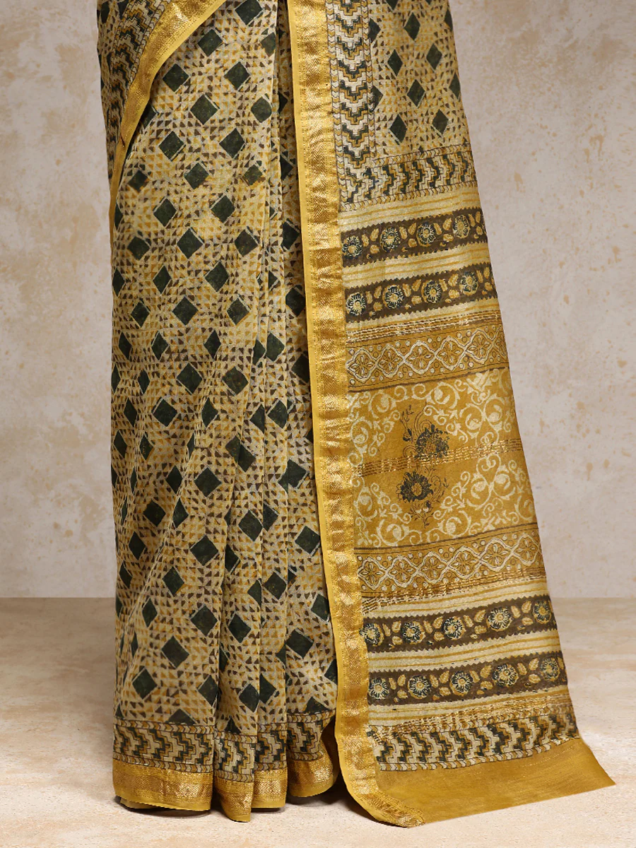 Mustard Gold Handblock Printed Geometric Mosaic Ajrakh Maheshwari Cotton Silk Saree - Image 4