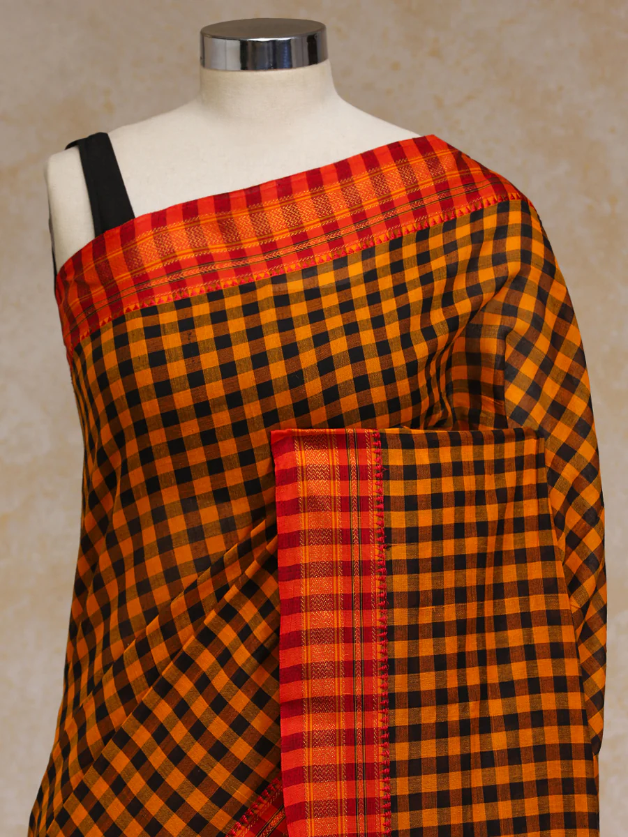 Mustard Yellow Check Cotton Silk Kanchi Chettinad Saree With Zari Border - Image 3