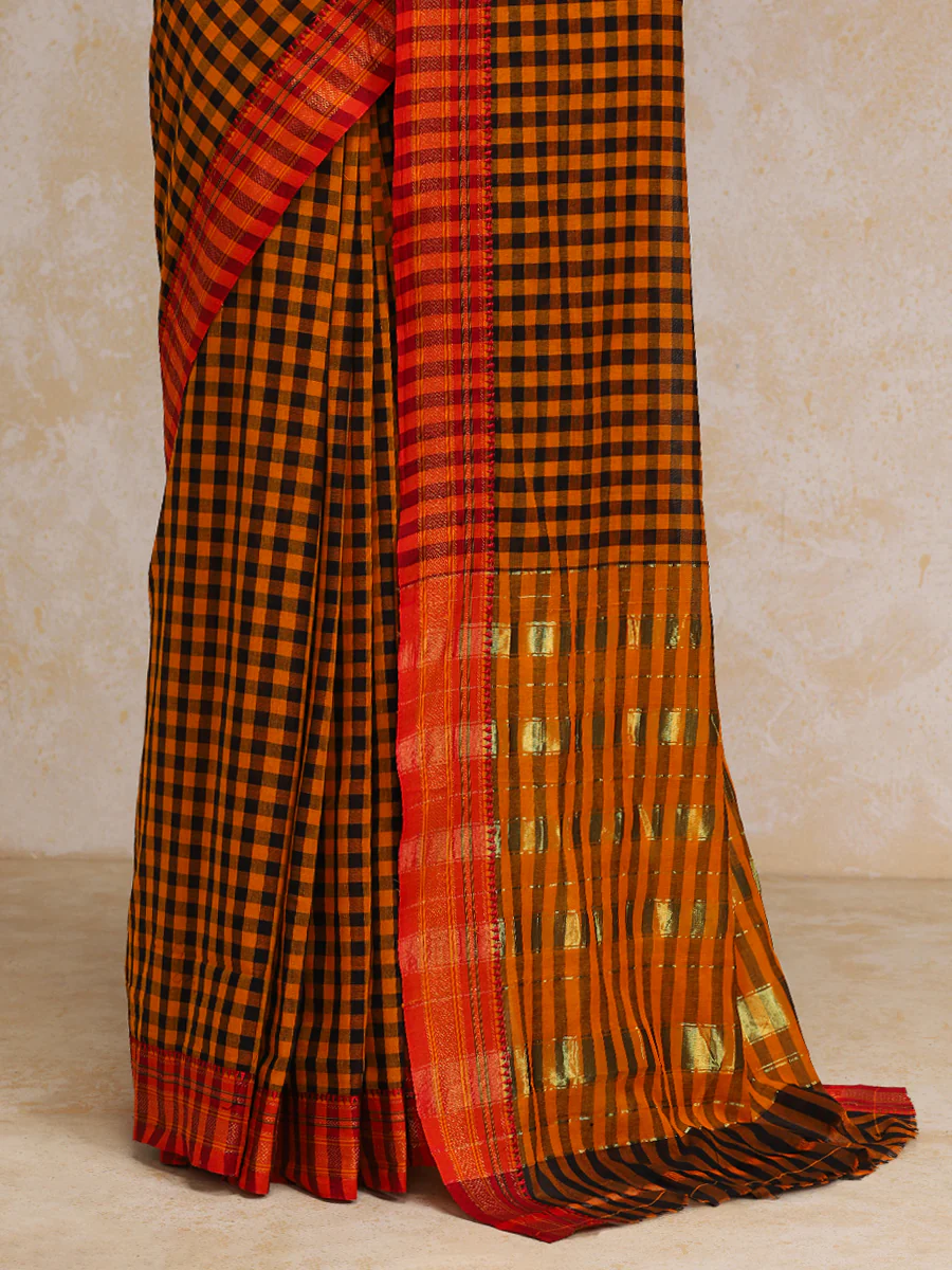 Mustard Yellow Check Cotton Silk Kanchi Chettinad Saree With Zari Border - Image 4