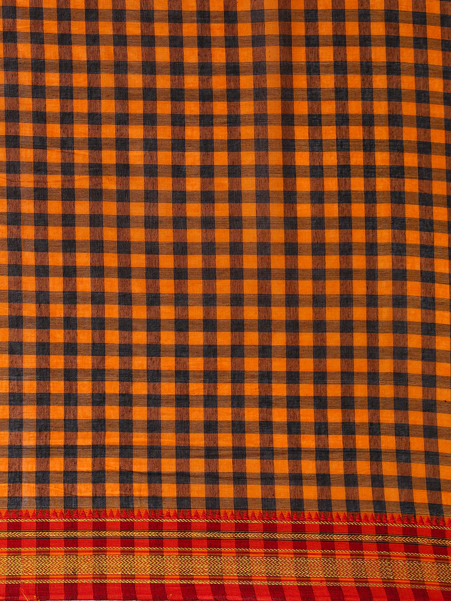 Mustard Yellow Check Cotton Silk Kanchi Chettinad Saree With Zari Border - Image 5