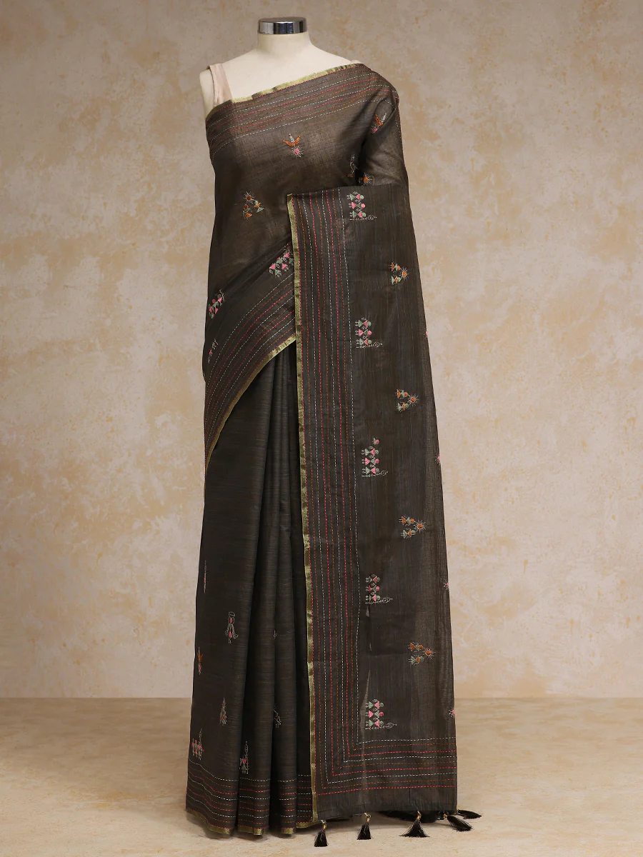 Muted Brown Kantha Embroidered Cotton Saree
