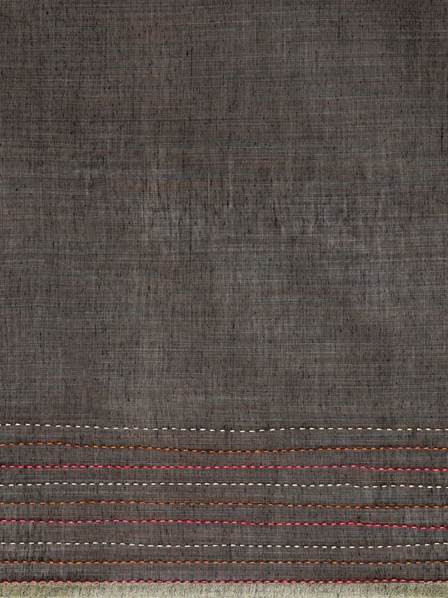 Muted Brown Kantha Embroidered Cotton Saree - Image 5