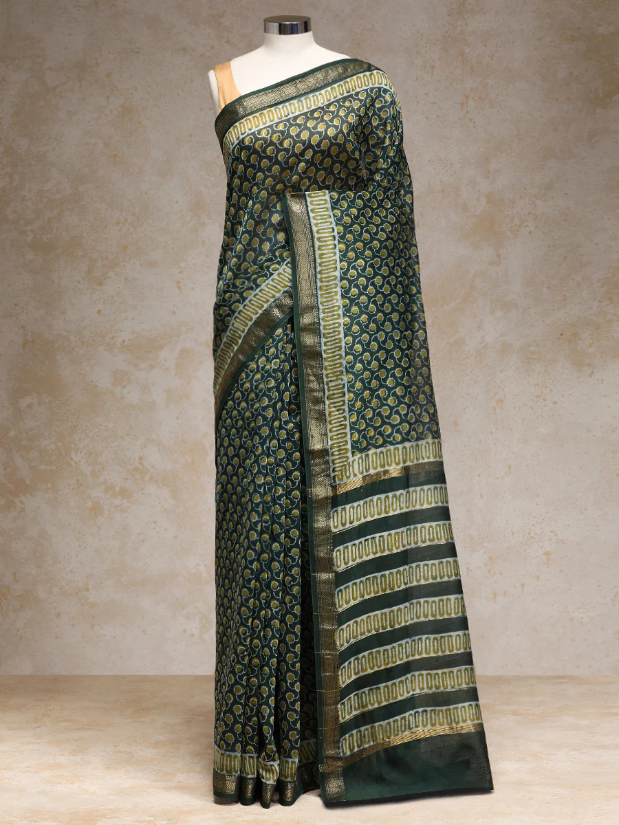 Olive Green Handblock Printed Abstract Dotted Ajrakh Maheshwari Cotton Silk Saree