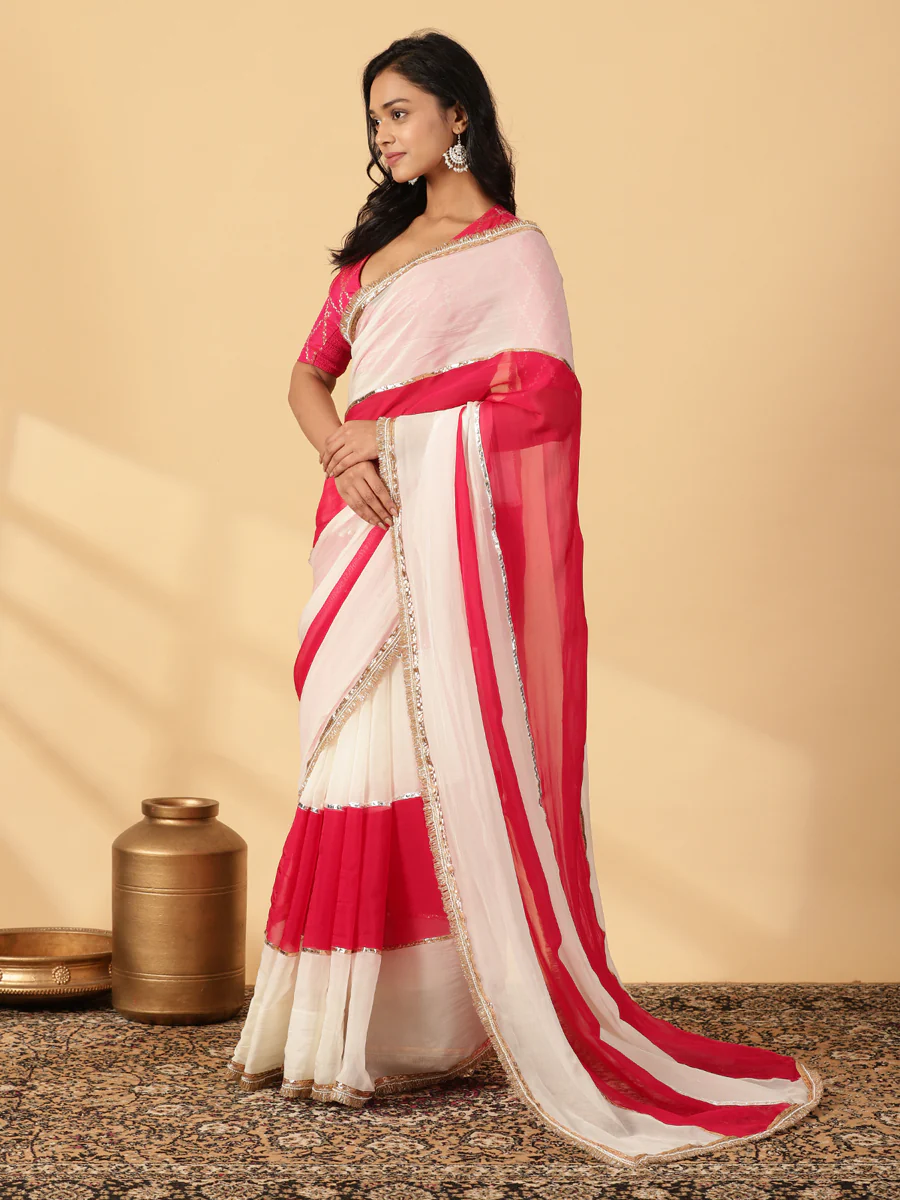 Pink Rush & Frost White Viscose Organza Multi Panelled Saree With Designer Lace - Image 8