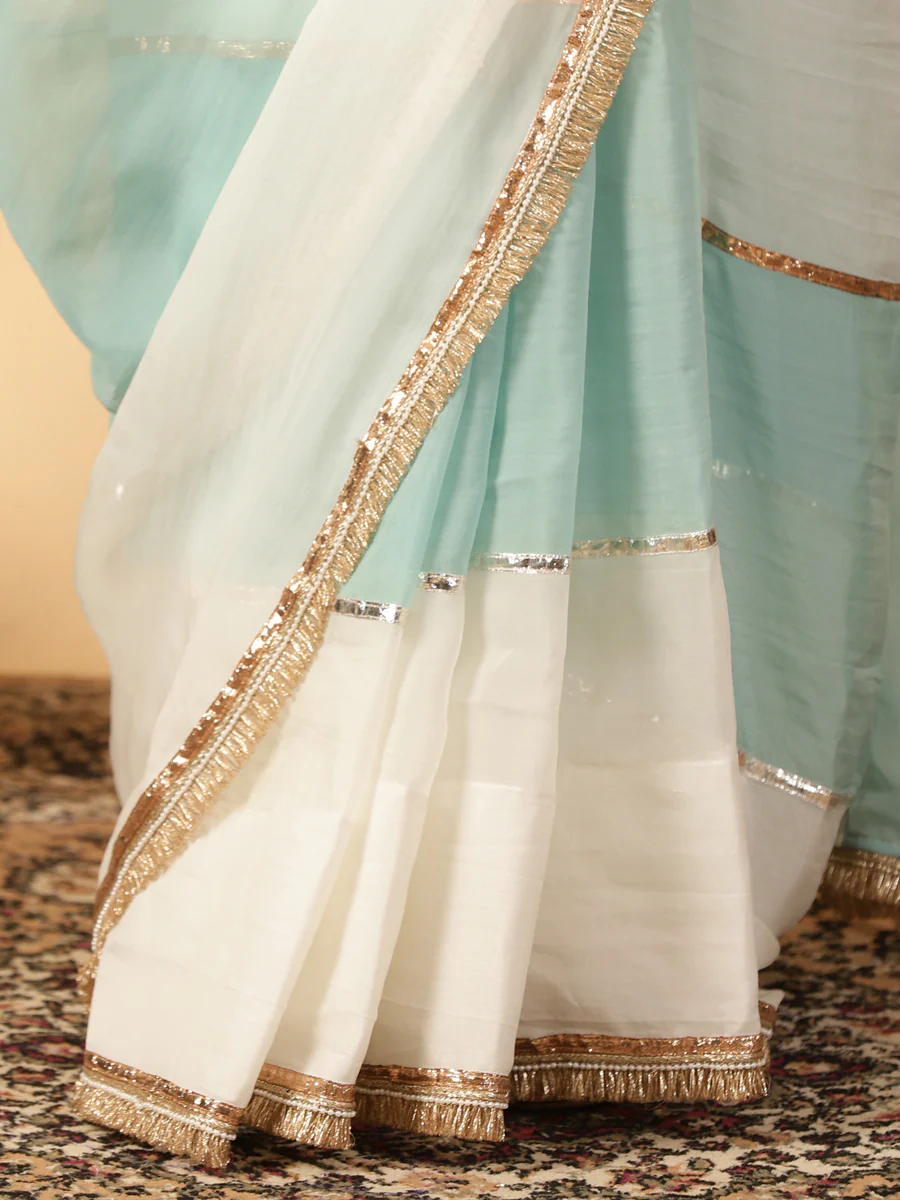 Powder Blue & Frost White Viscose Organza Multi Panelled Saree With Designer Lace - Image 5