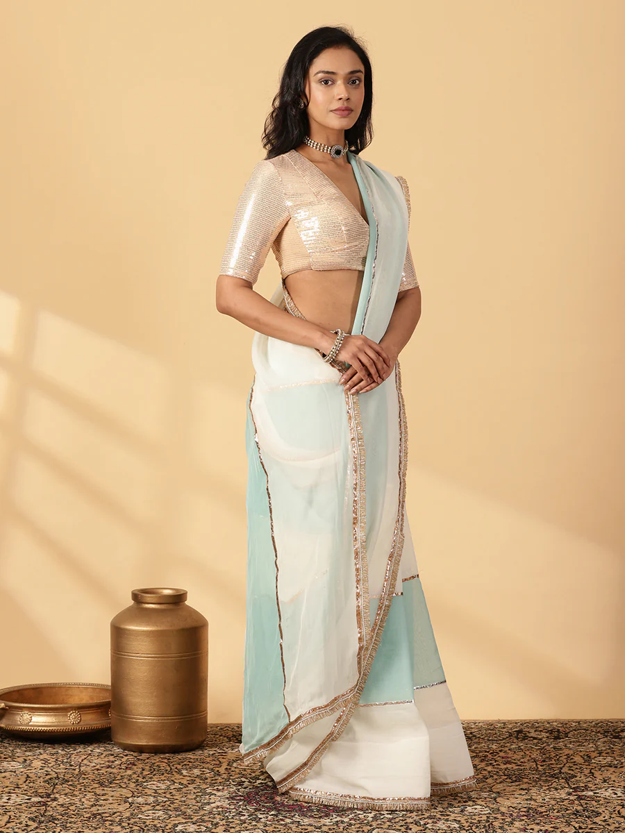 Powder Blue & Frost White Viscose Organza Multi Panelled Saree With Designer Lace - Image 7