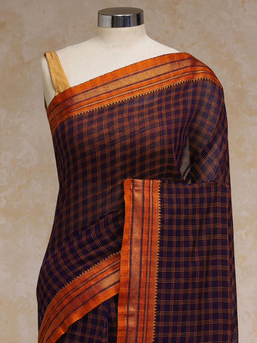 Purple Check Cotton Silk Kanchi Chettinad Saree With Zari Border - Image 3