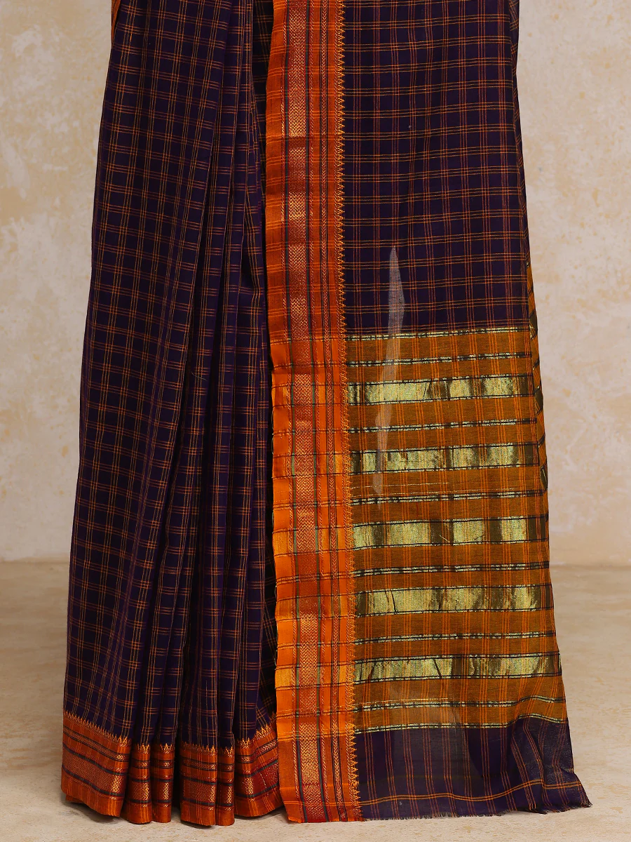 Purple Check Cotton Silk Kanchi Chettinad Saree With Zari Border - Image 4