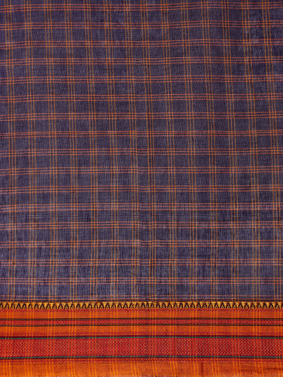 Purple Check Cotton Silk Kanchi Chettinad Saree With Zari Border - Image 5