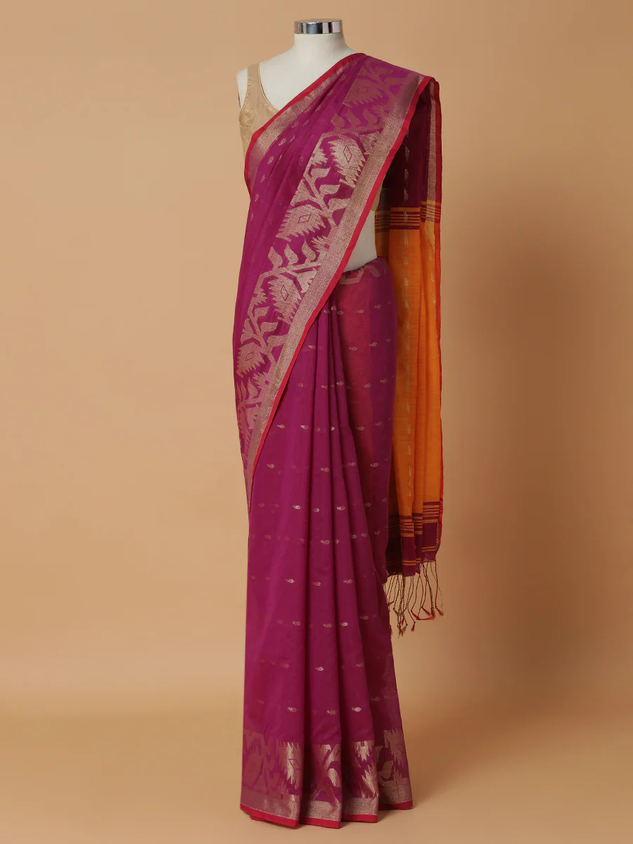 Rani Pink Golden Zari Weave Saree - Image 5