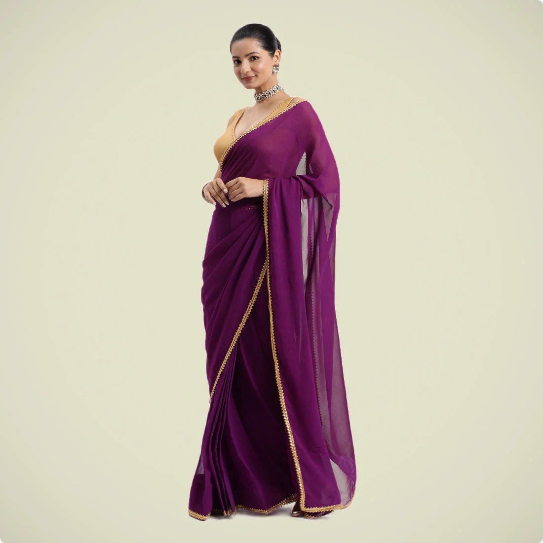 Kinara x Tyohaar | Purple Violet Georgette Saree with Golden Gota Border | With Ready-to-Wear Option - Image 2
