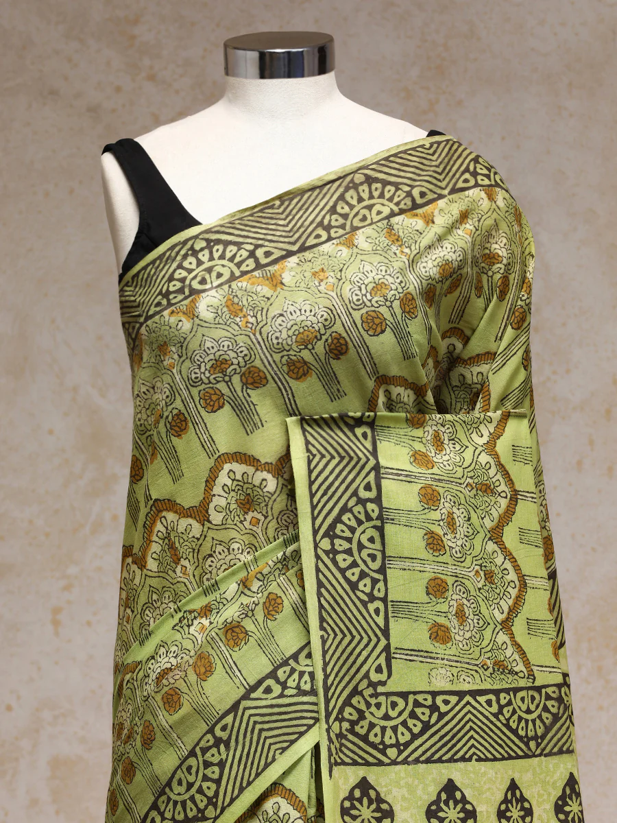 Sage Green Handblock Printed Ajrakh Mulmul Saree - Image 2