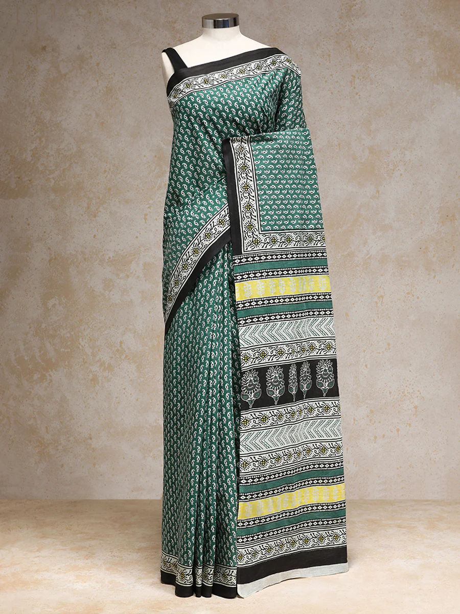 Sage Green Handblock Printed Mango Motif Mulmul Saree