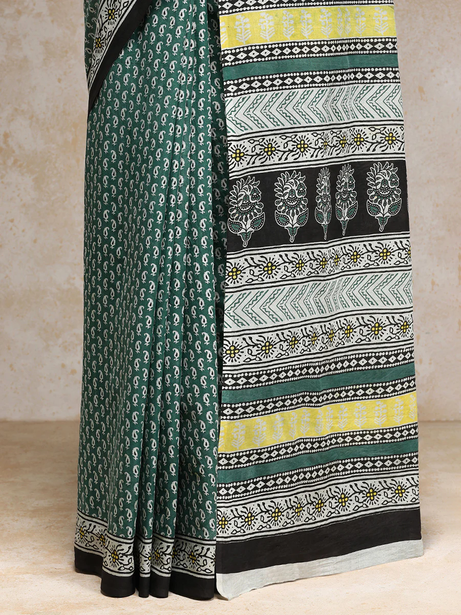 Sage Green Handblock Printed Mango Motif Mulmul Saree - Image 3