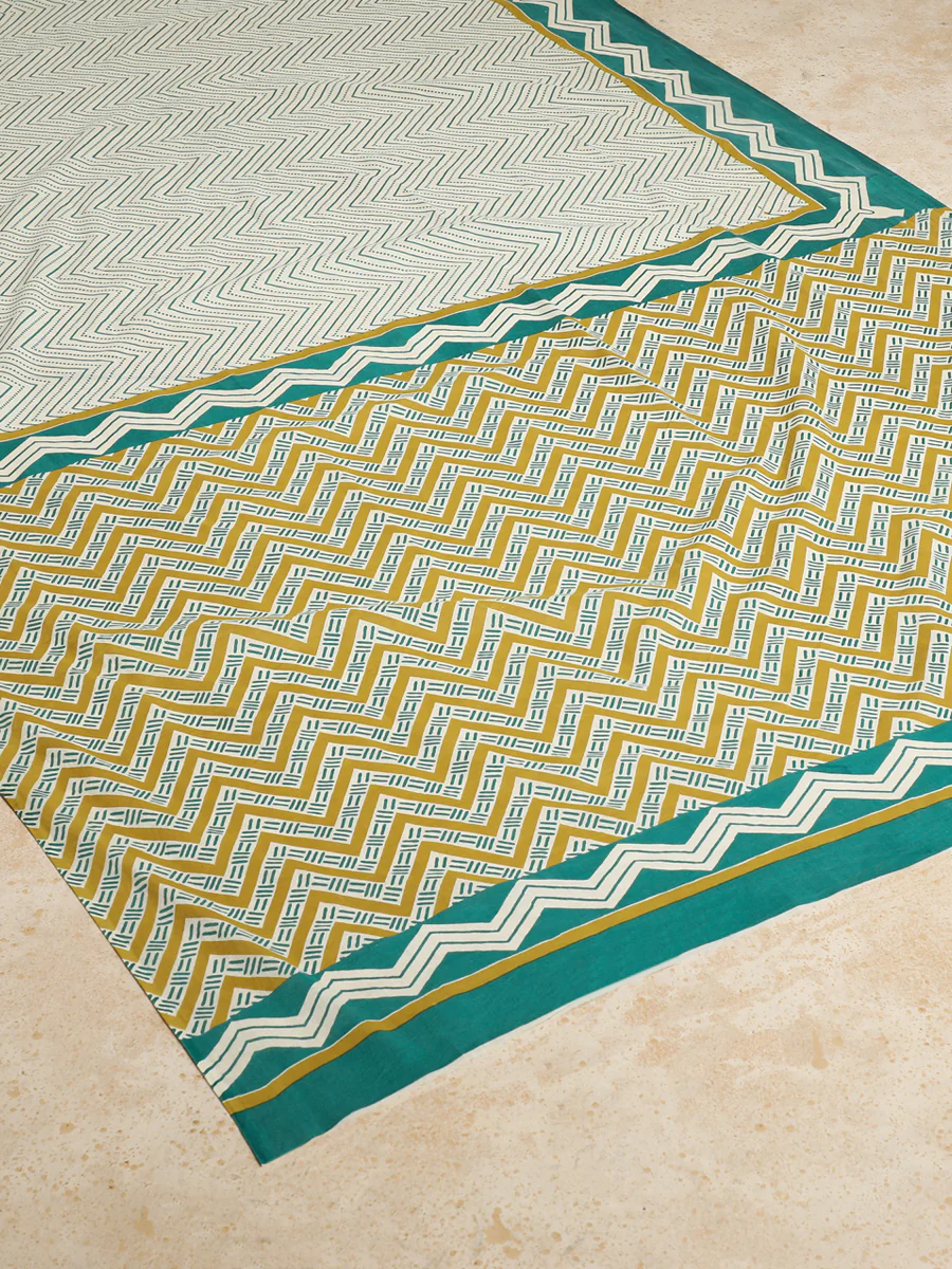 Sage Green & White Handblock Printed Chevron Zigzag Dotted Mulmul Saree - Image 2