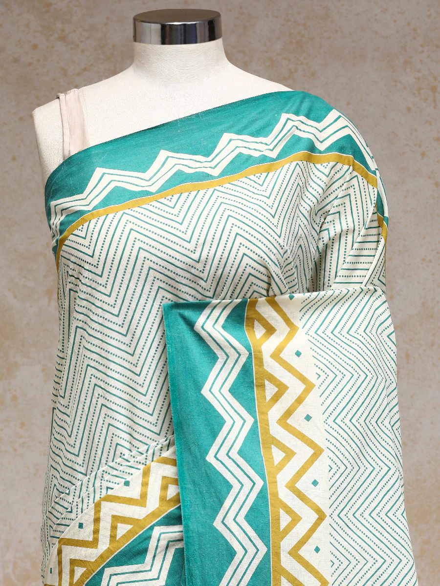 Sage Green & White Handblock Printed Chevron Zigzag Dotted Mulmul Saree - Image 3