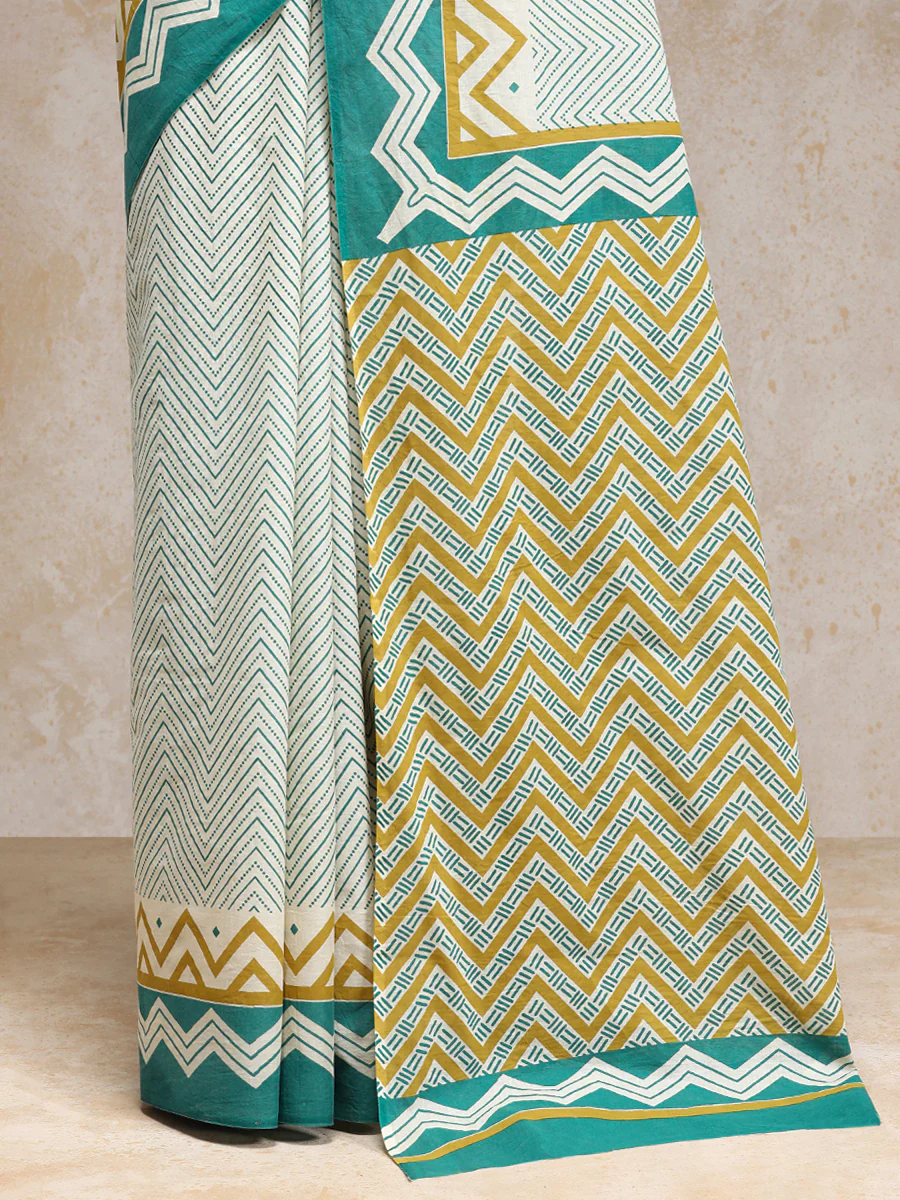 Sage Green & White Handblock Printed Chevron Zigzag Dotted Mulmul Saree - Image 4