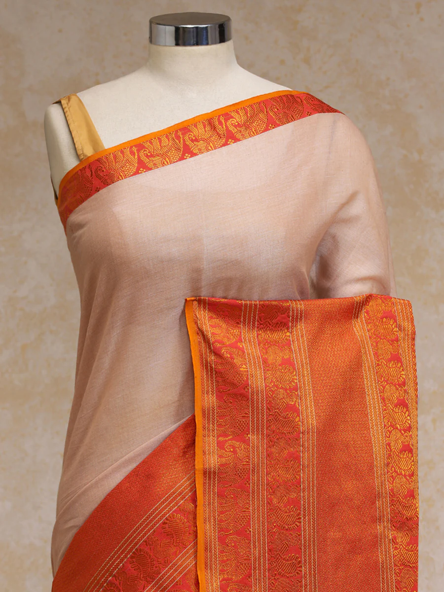 Sand Beige Big Border Handloom Cotton Narayanpet Saree - Image 3