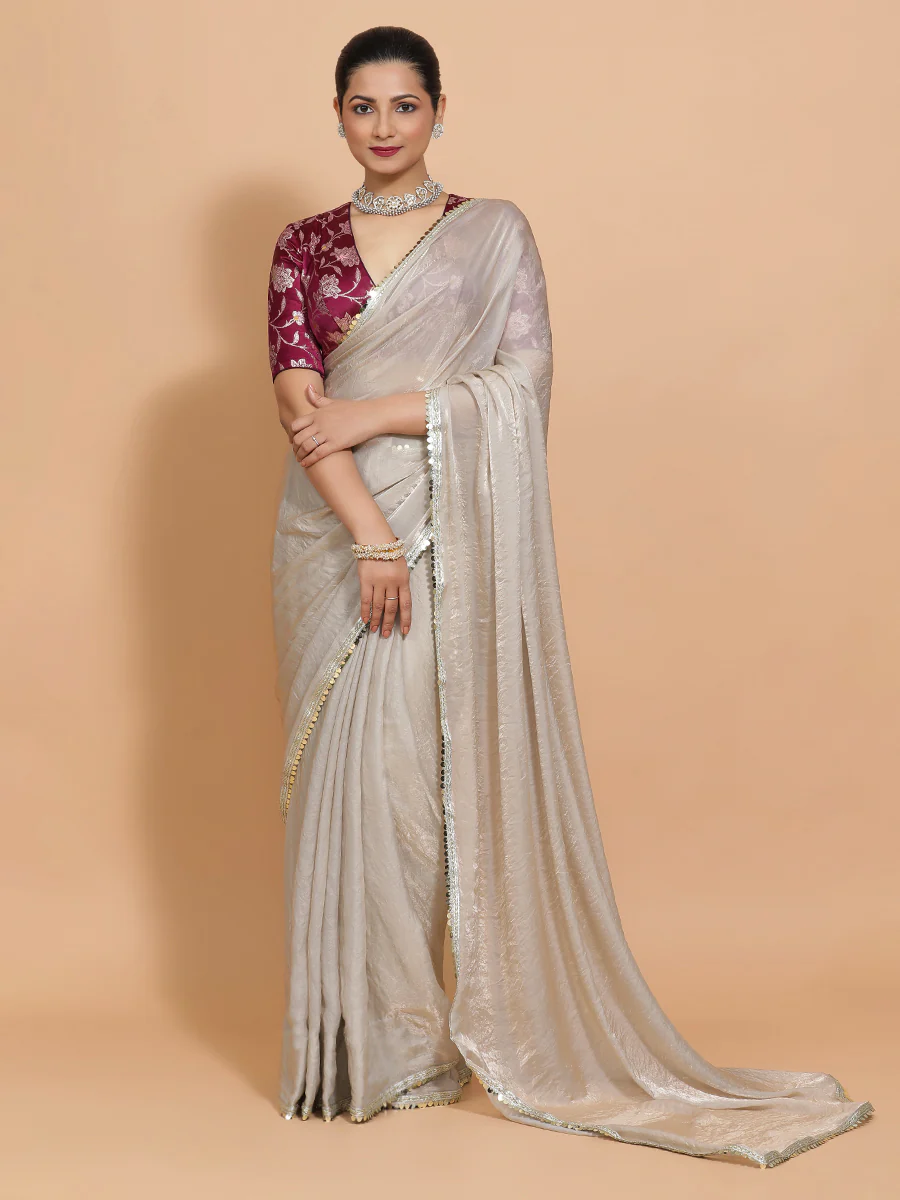 Shanaya x Tyohaar | Silver Grey Tissue Saree with Ready-to-Wear Option - Image 14