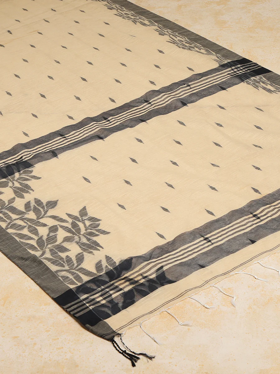 Soft Ivory Beige Woven Floral Pattern Cotton Saree - Image 2