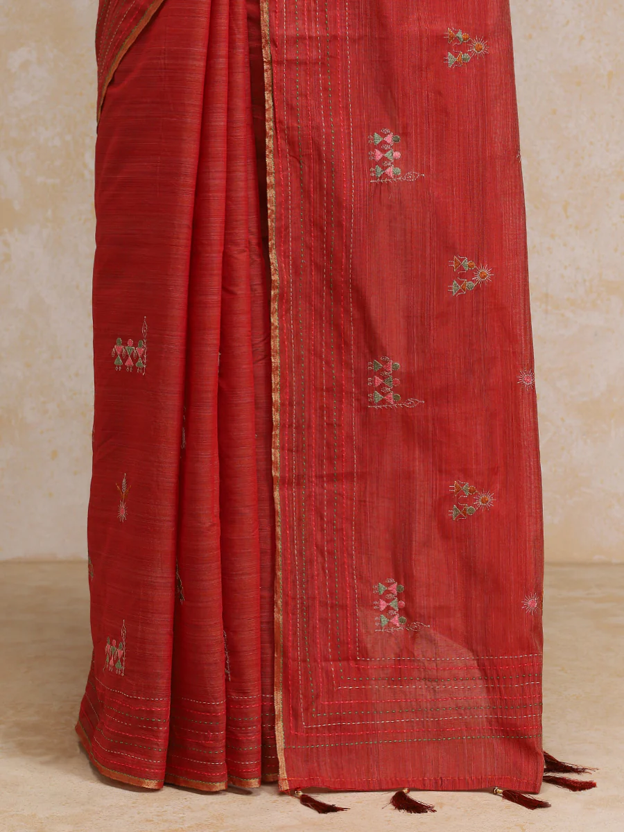 Terracotta Red Kantha Embroidered Cotton Saree - Image 4