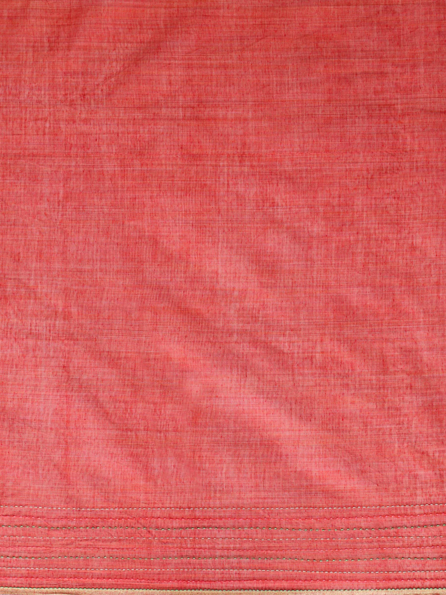 Terracotta Red Kantha Embroidered Cotton Saree - Image 5