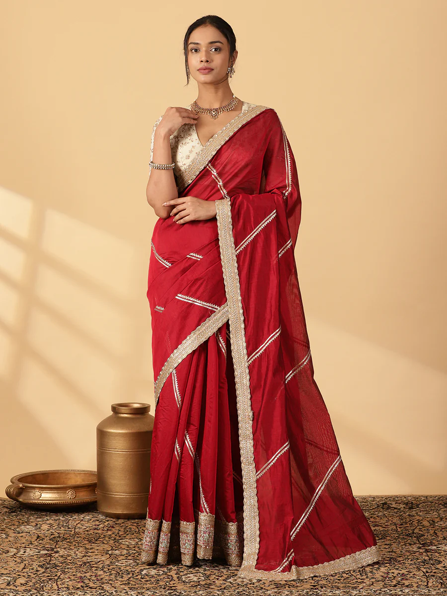 Velvet Red Chandheri Heritage Gota Work Saree With Designer Embroidered Lace Work