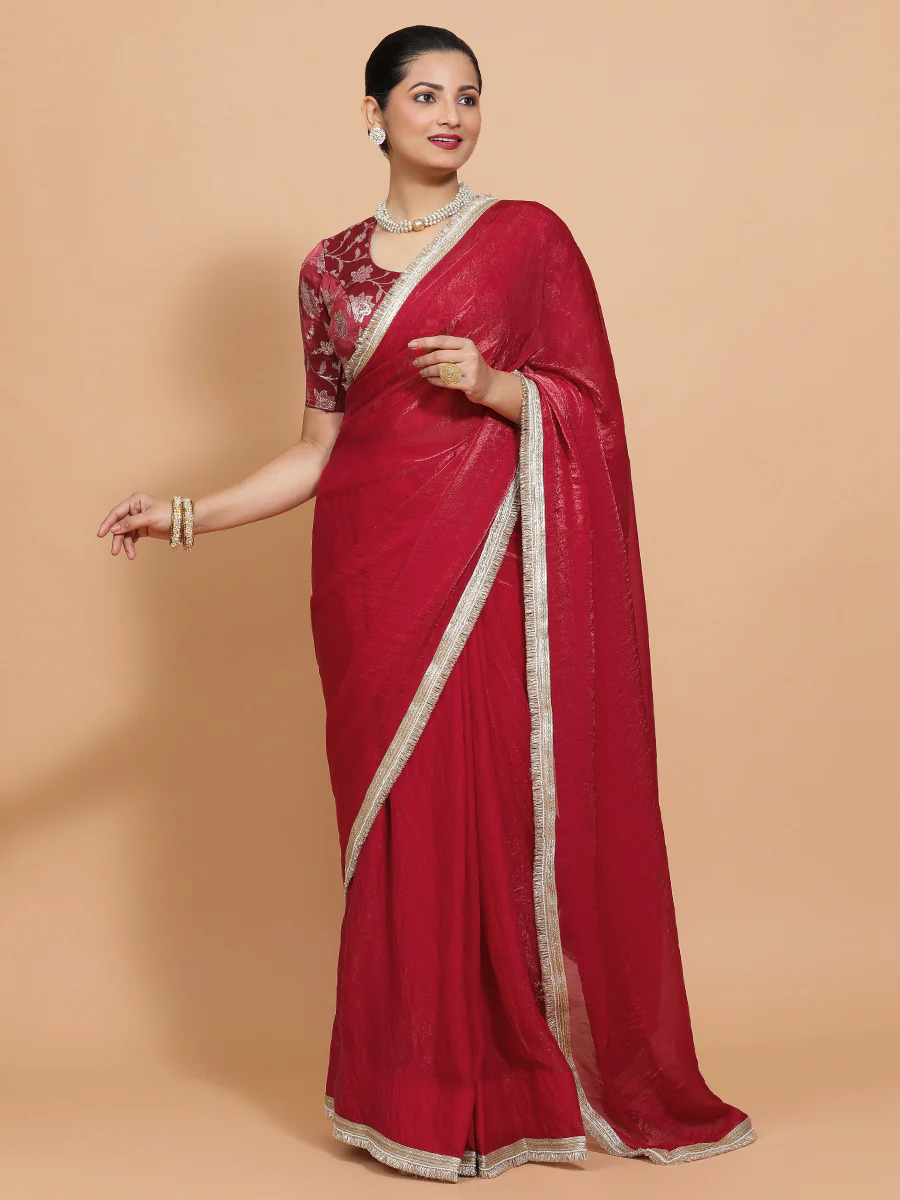 Ruby x Tyohaar | Velvety Red Tissue Saree with Ready-to-Wear Option - Image 9