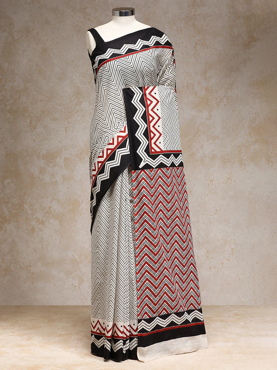 White & Black Handblock Printed Chevron Zigzag Dotted Mulmul Saree