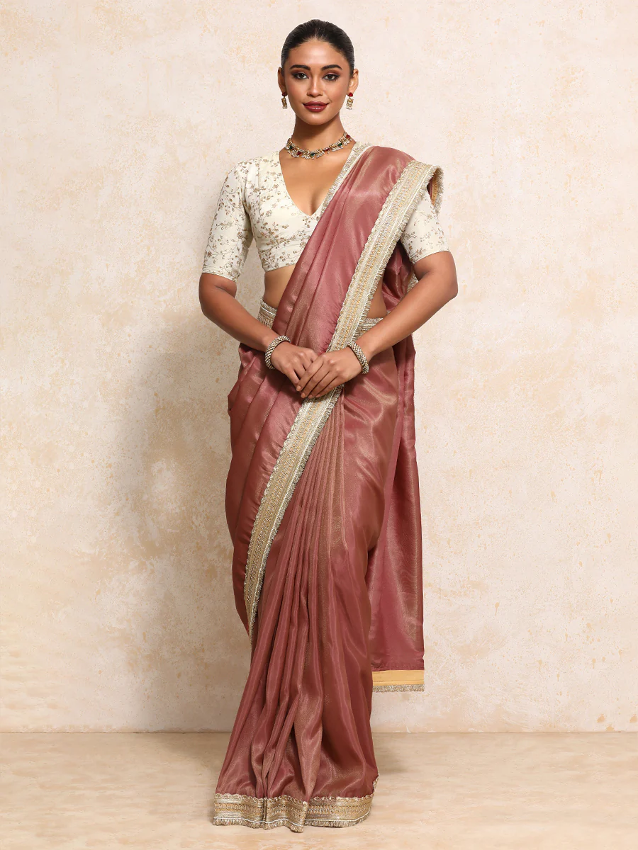Yamira Marsala Gold Tissue Saree With Ready-to-Wear Option - Image 11