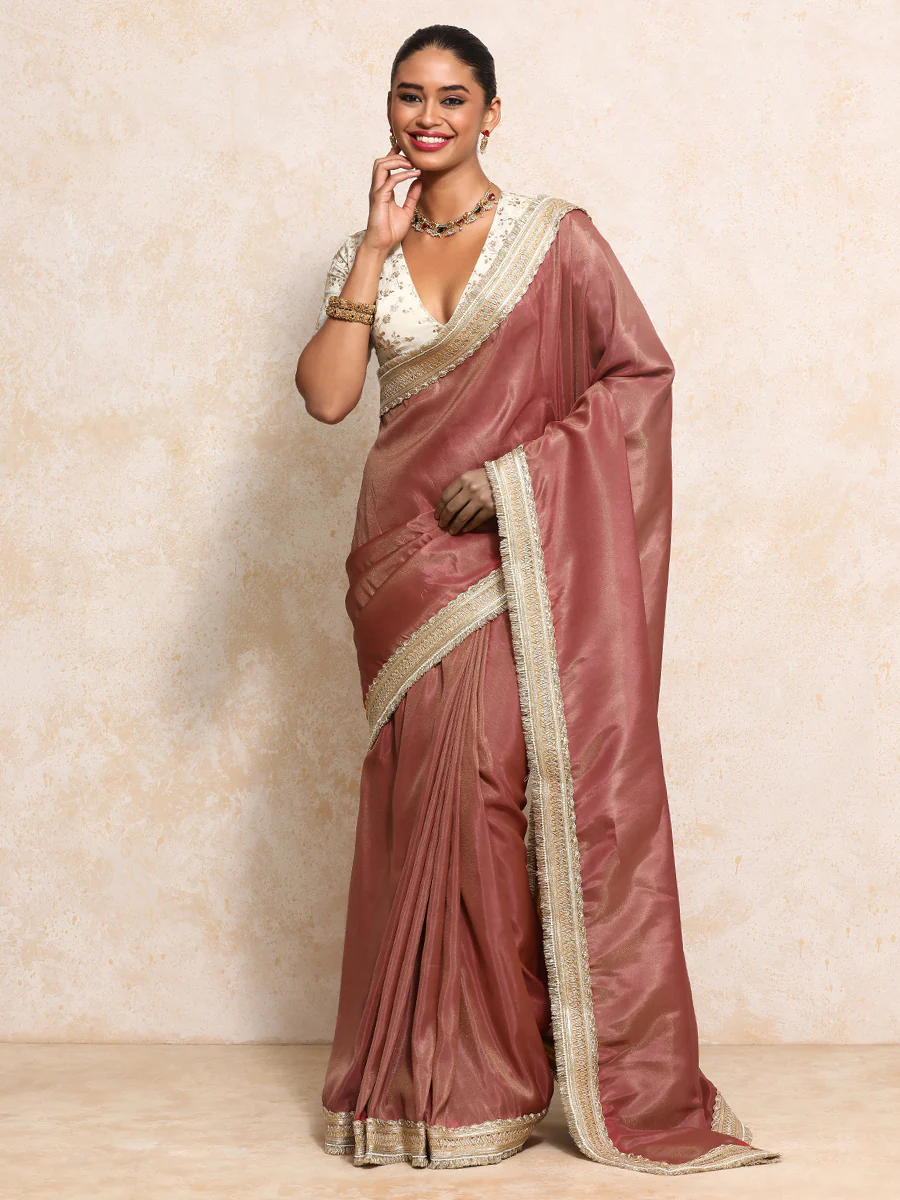 Yamira Marsala Gold Tissue Saree With Ready-to-Wear Option - Image 7