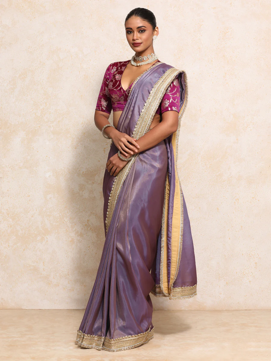 Yamira Purple Gold Tissue Saree With Ready-to-Wear Option - Image 15