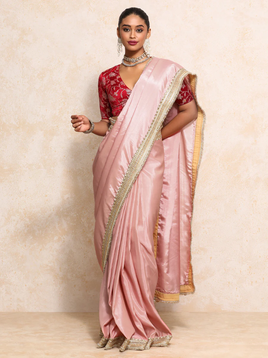Yamira Soft Pink Gold Tissue Saree With Ready-to-Wear Option - Image 15