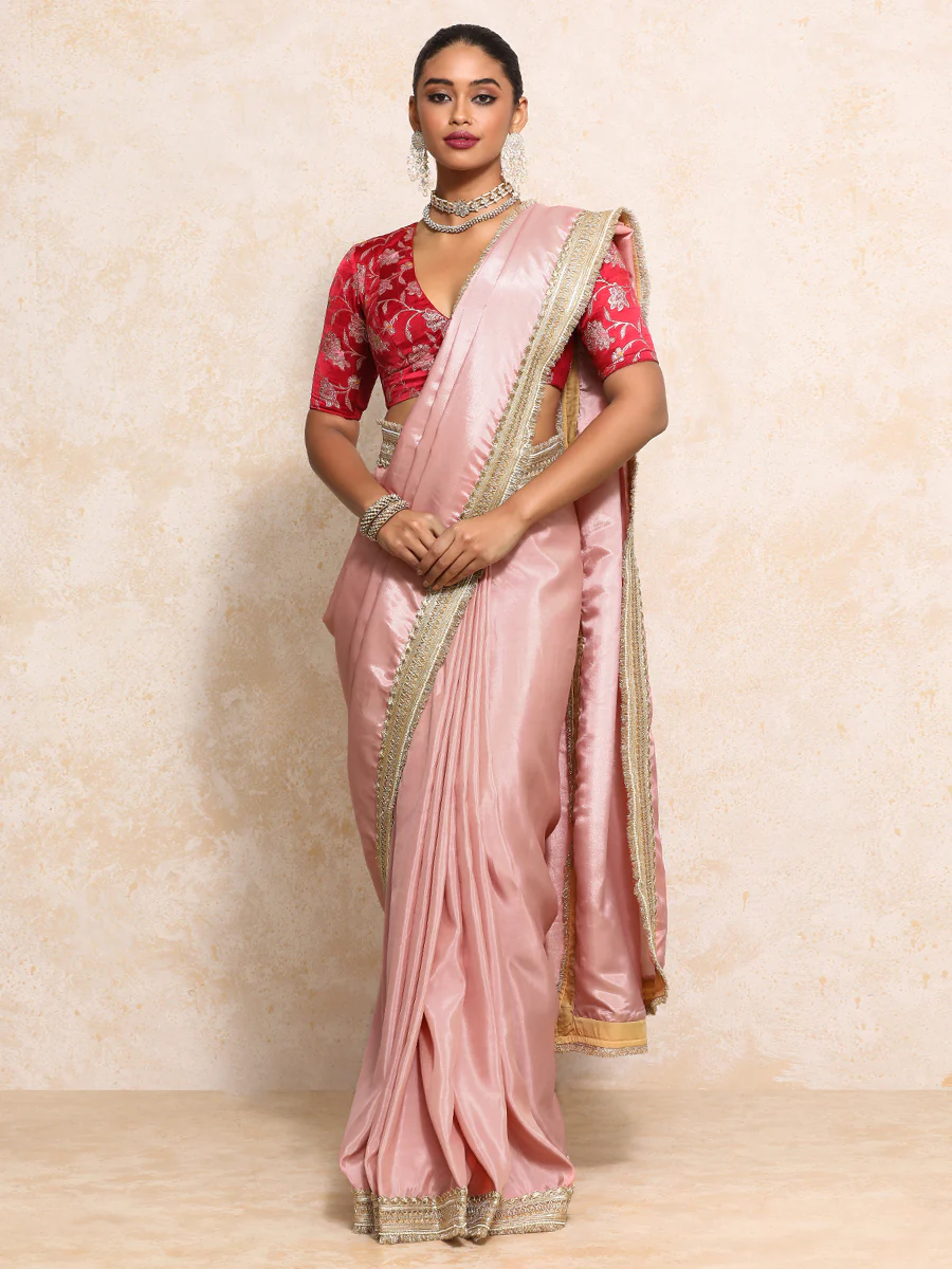 Yamira Soft Pink Gold Tissue Saree With Ready-to-Wear Option - Image 6