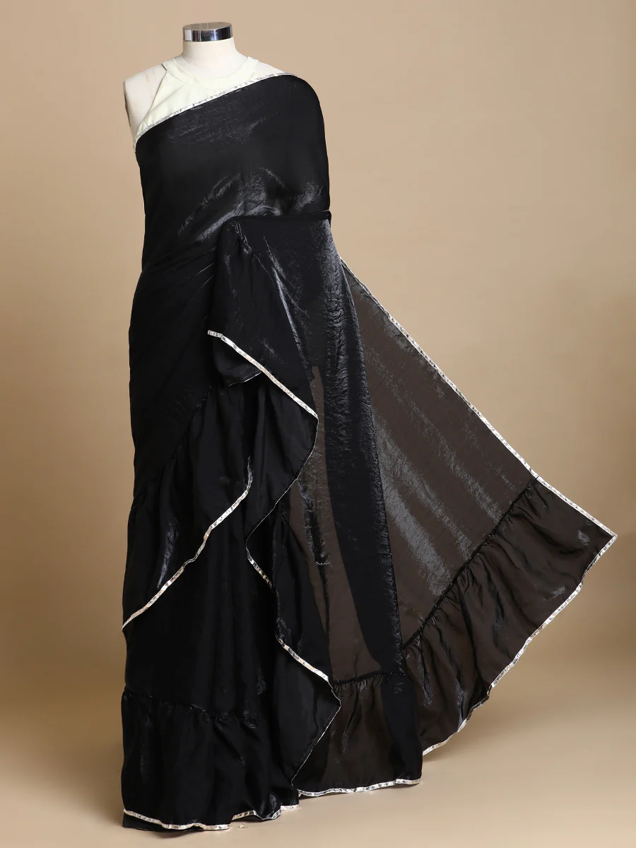 Sharmila x Tyohaar | Black Shimmer Tissue Ruffle Saree - Image 3