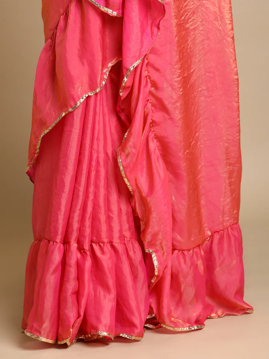 Sharmila x Tyohaar | Blush Pink Shimmer Tissue Ruffle Saree - Image 2