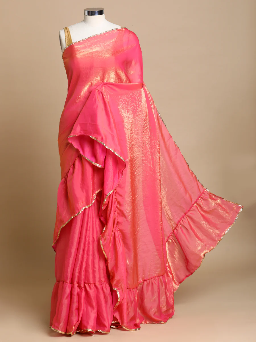 Sharmila x Tyohaar | Blush Pink Shimmer Tissue Ruffle Saree - Image 3