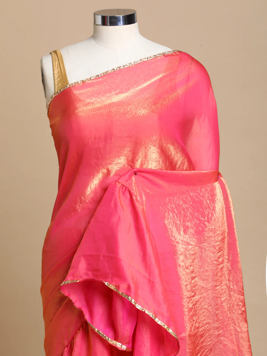 Sharmila x Tyohaar | Blush Pink Shimmer Tissue Ruffle Saree - Image 4