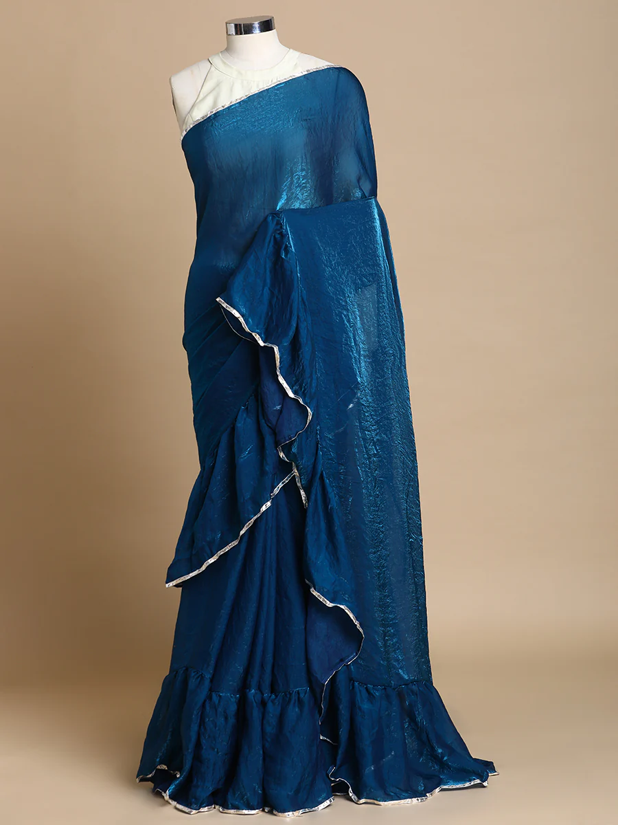 Sharmila x Tyohaar | Crystal Blue Shimmer Tissue Ruffle Saree