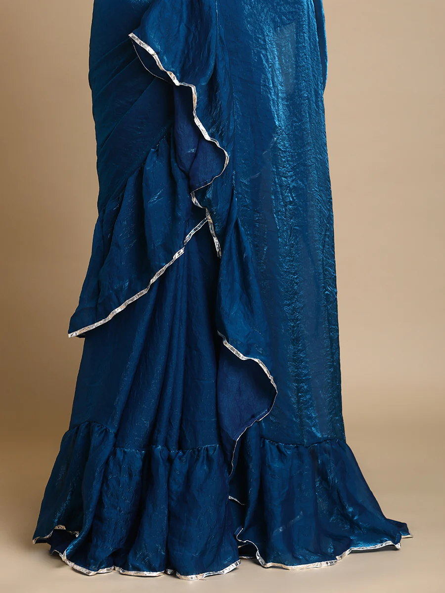 Sharmila x Tyohaar | Crystal Blue Shimmer Tissue Ruffle Saree - Image 2
