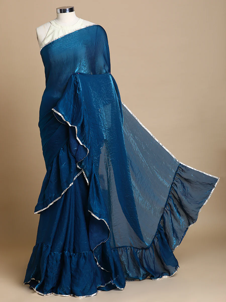 Sharmila x Tyohaar | Crystal Blue Shimmer Tissue Ruffle Saree - Image 3