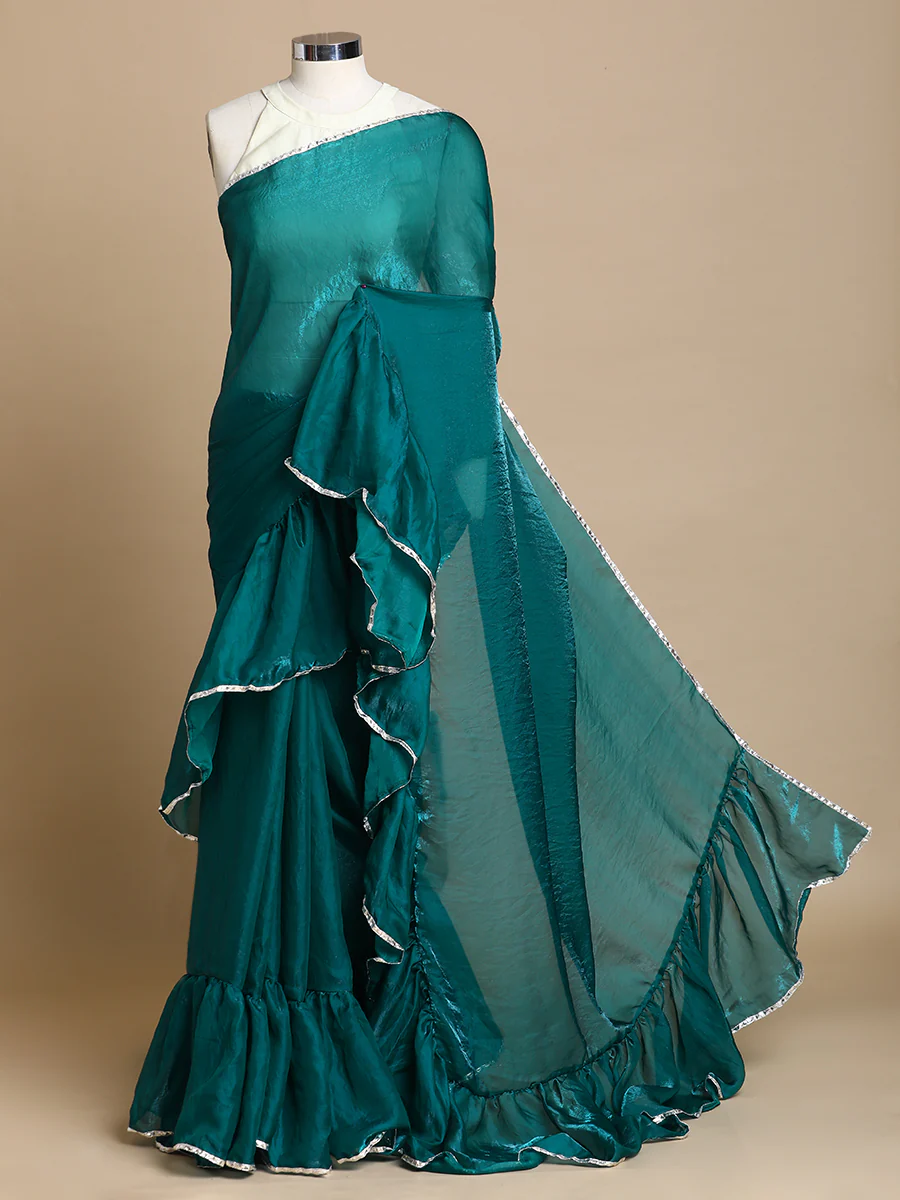 Sharmila x Tyohaar | Glass Green Shimmer Tissue Ruffle Saree - Image 3