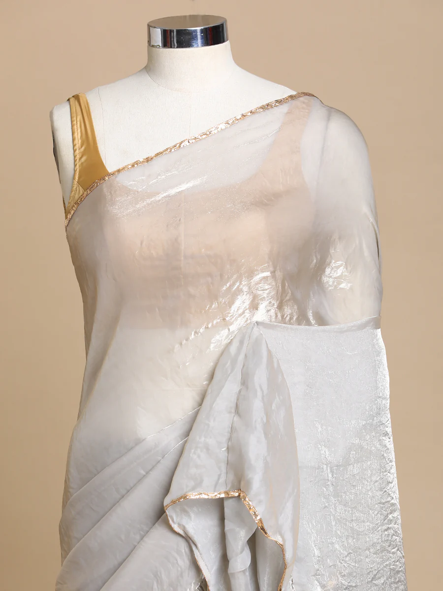 Sharmila x Tyohaar | Silver Grey Shimmer Tissue Ruffle Saree - Image 4