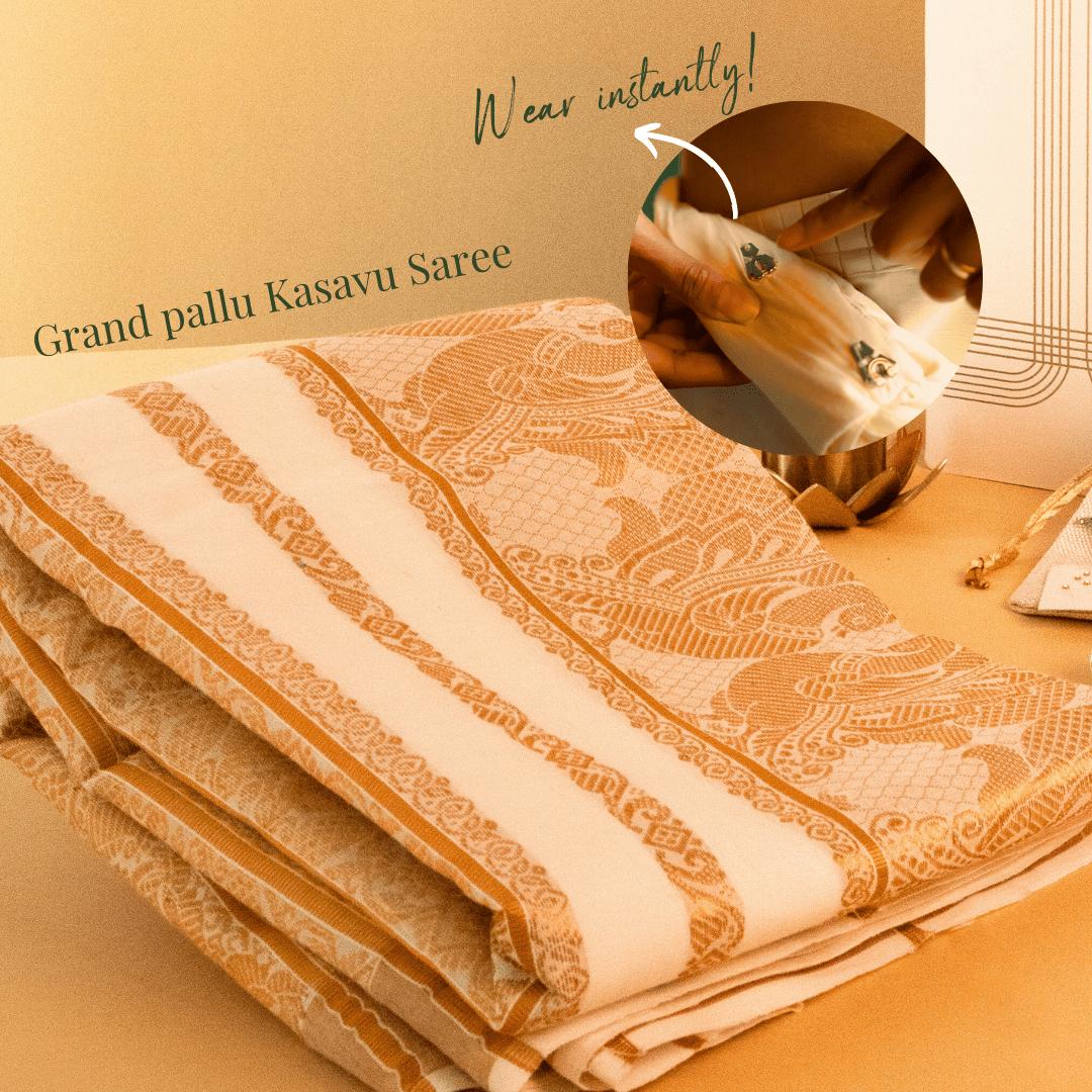 Off White & Gold Cotton Saree w/ Elaborate Pallu - Image 3