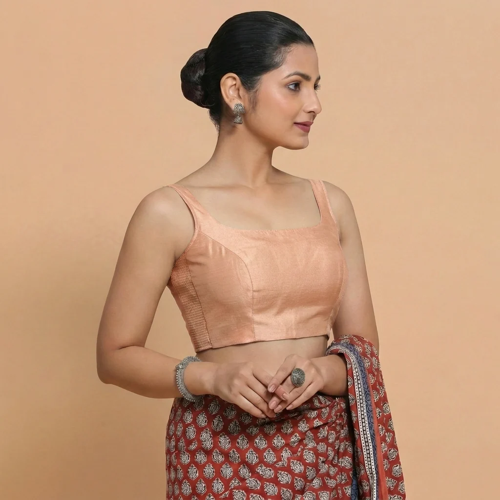 Sushmita x Rozaana | Sleeveless Peach Chanderi Saree Blouse
