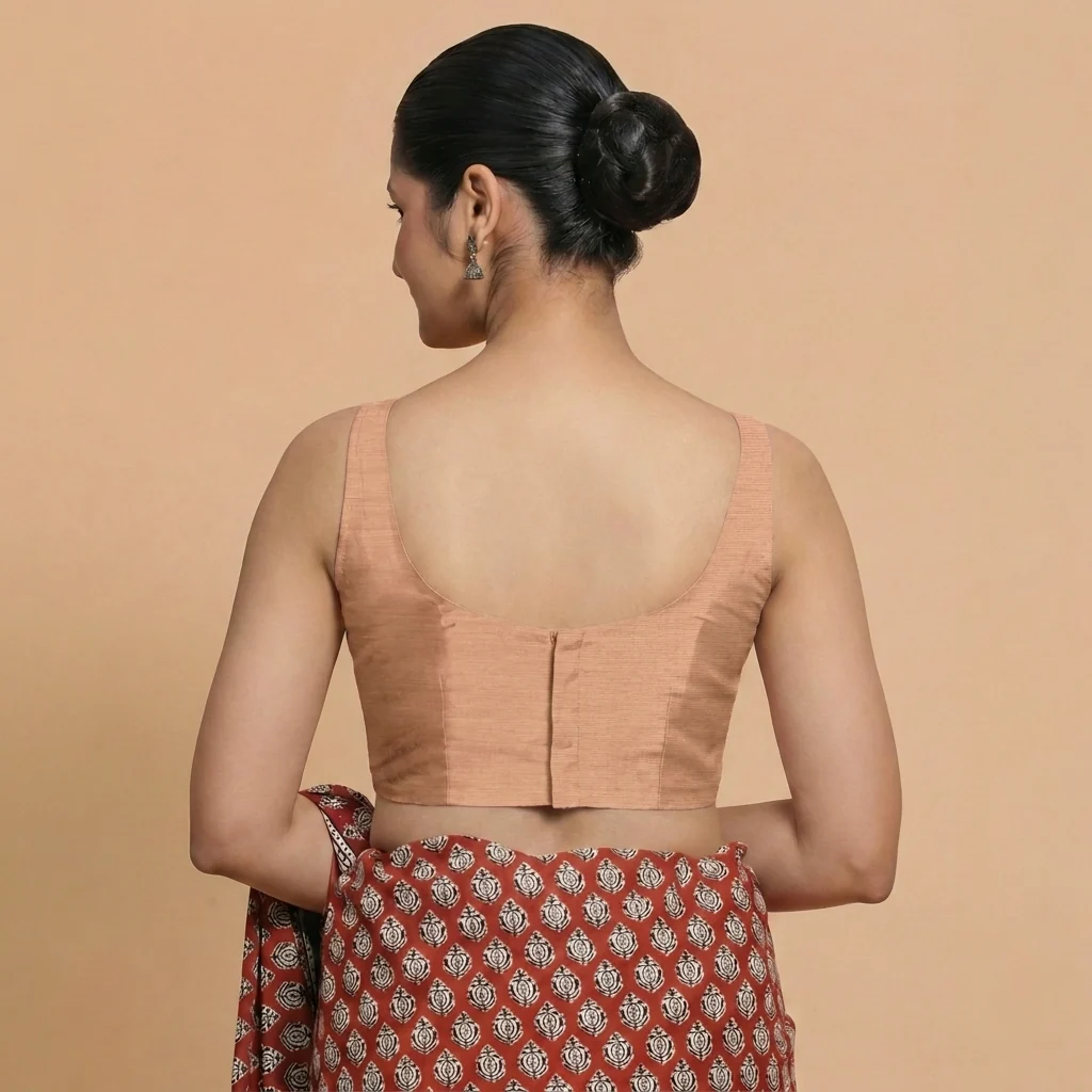 Sushmita x Rozaana | Sleeveless Peach Chanderi Saree Blouse - Image 2