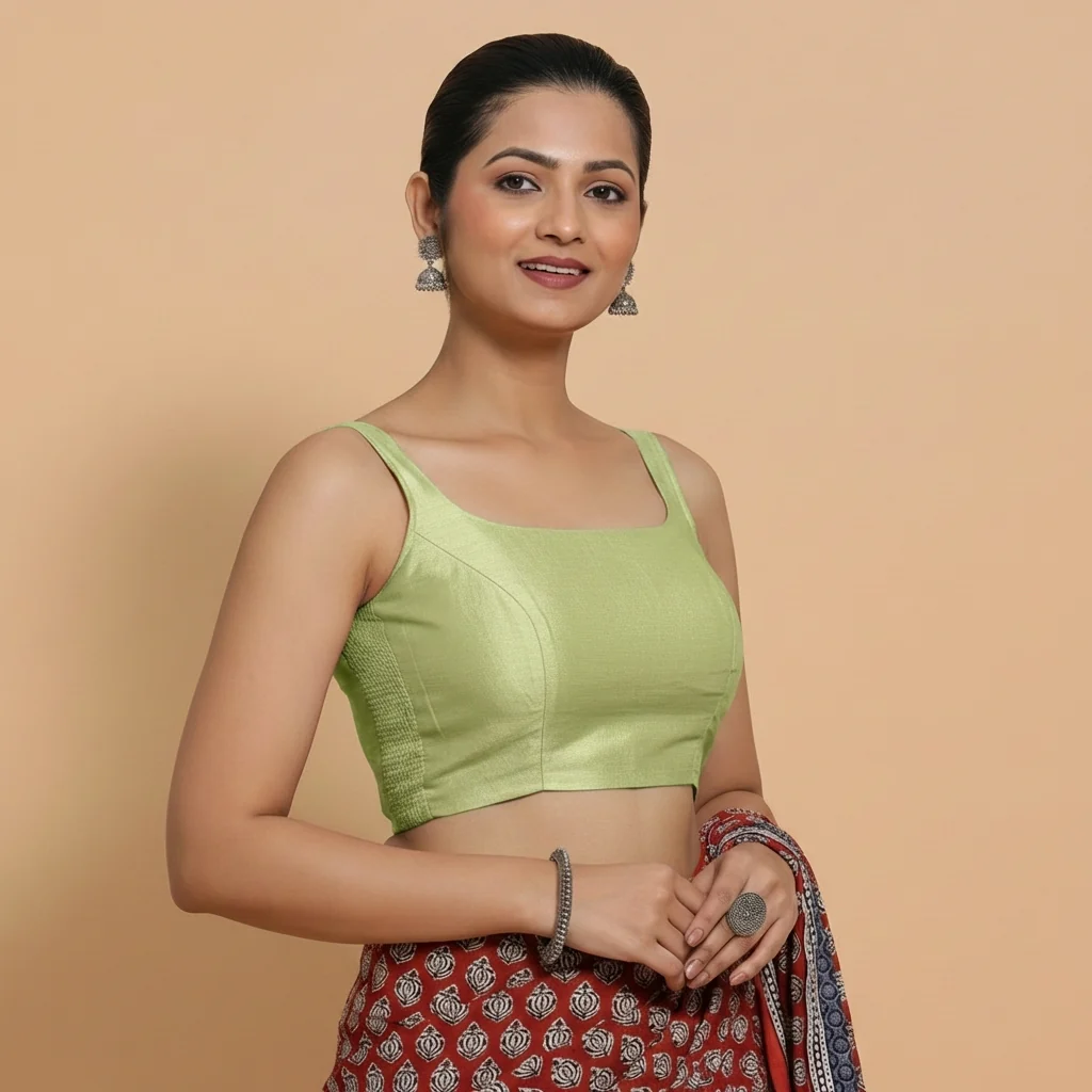 Sushmita x Rozaana | Sleeveless Pista Green Chanderi Saree Blouse