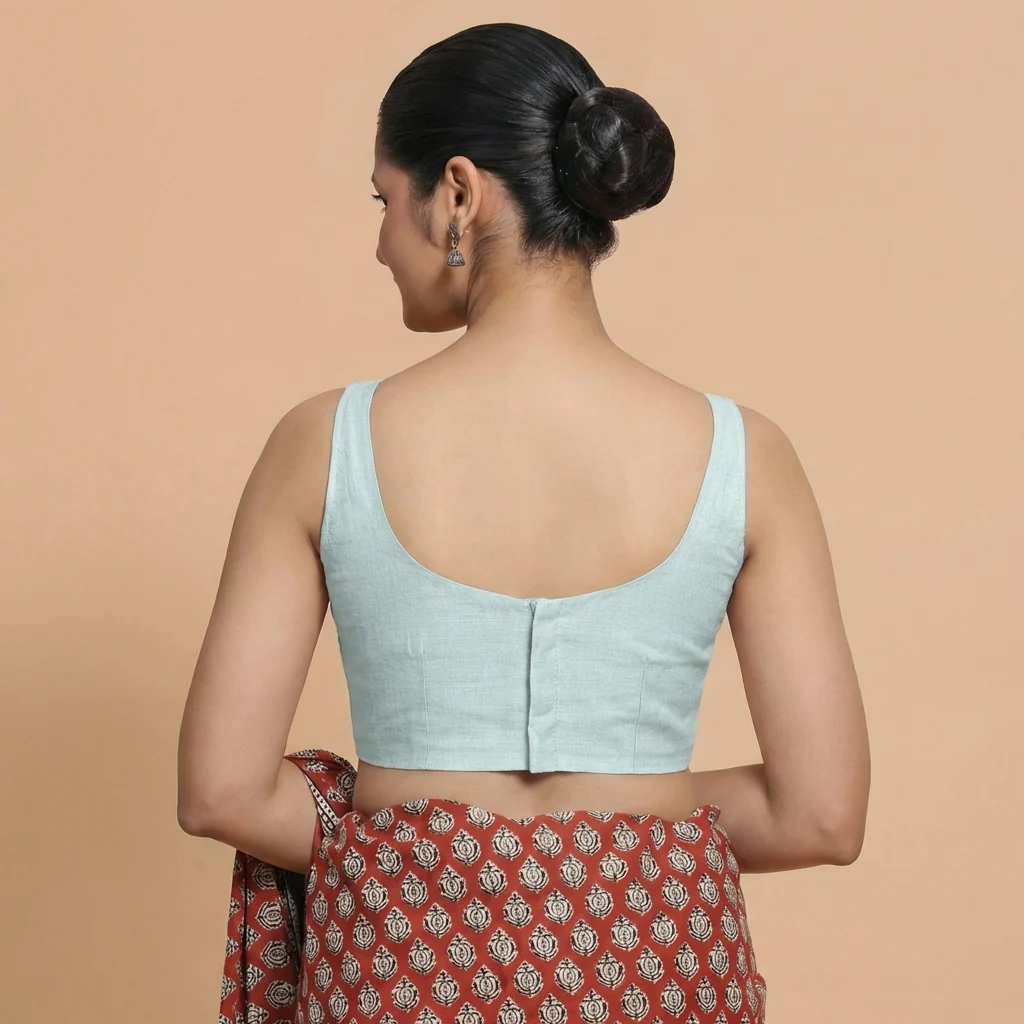 Sushmita x Rozaana | Sleeveless Powder Blue Chanderi Saree Blouse - Image 2