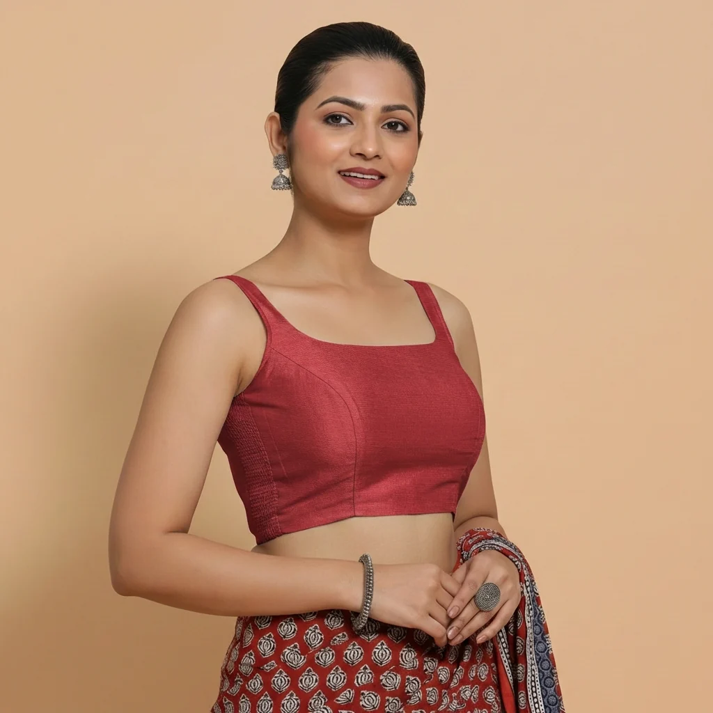 Sushmita x Rozaana | Sleeveless Velvet Red Chanderi Saree Blouse - Image 4