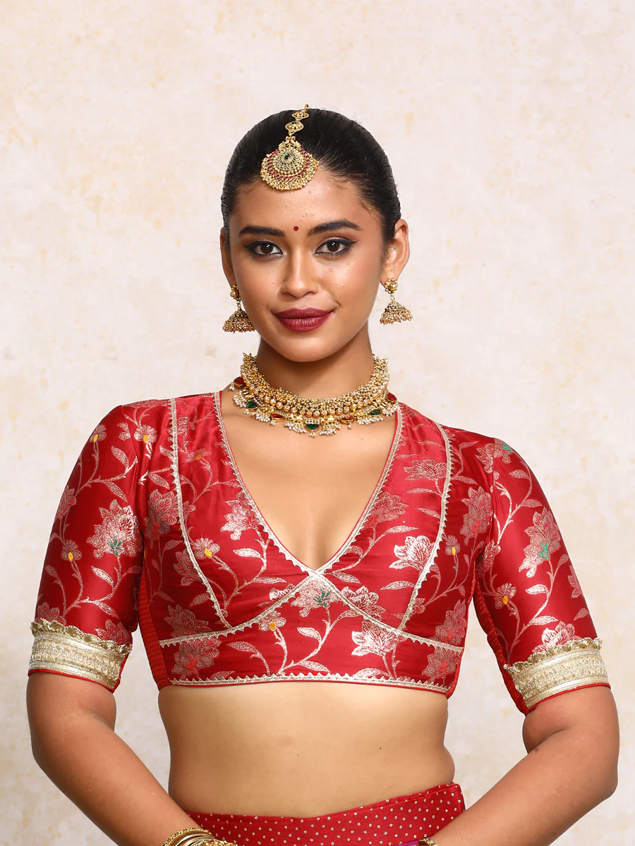 Taahira x Tyohaar | Elbow Sleeves Red Meenakari Satin Viscose Saree Blouse